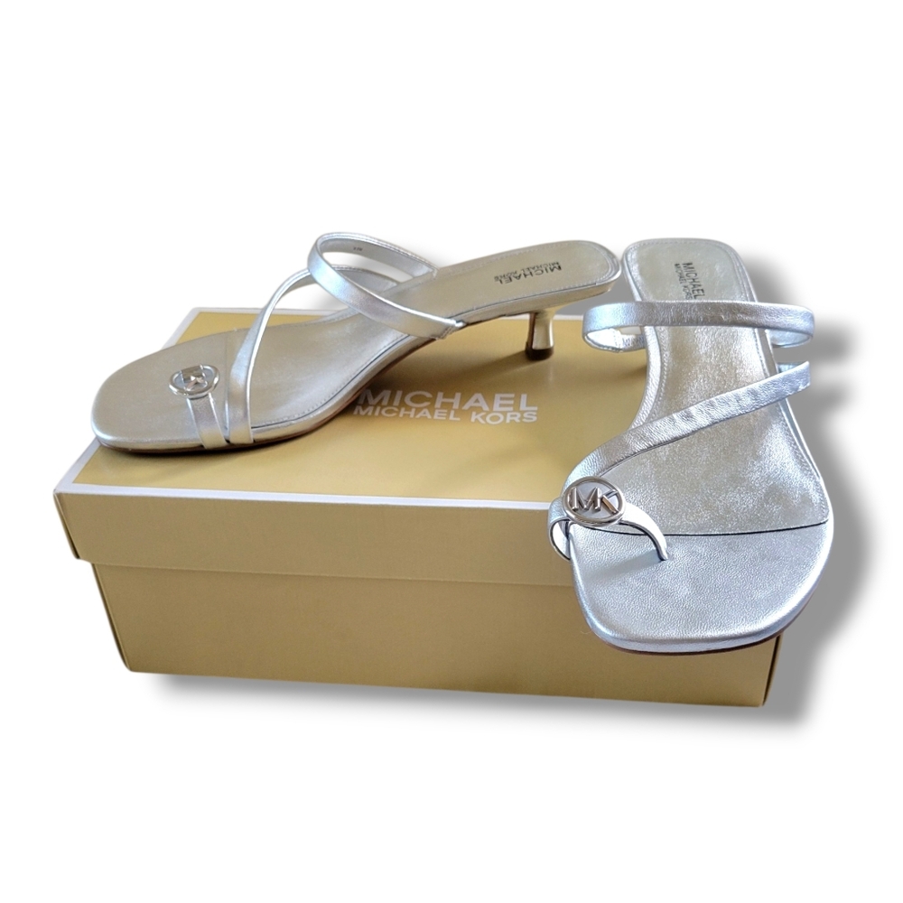 Michael Kors | BNIB Mid Letty Metallic Silver Strappy Toe Post Kitten Heels